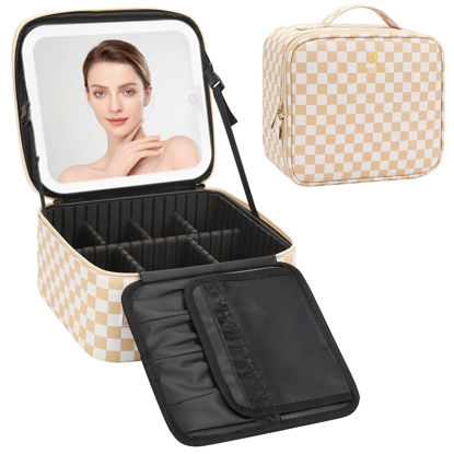 Picture of Relavel Travel Makeup Bag With LED Mirror, Cosmetic Train Case with Light up Mirror, Portable Makeup Artist Organizer Bag with Adjustable Dividers, Makeup Brush Holder Storage, Plaid