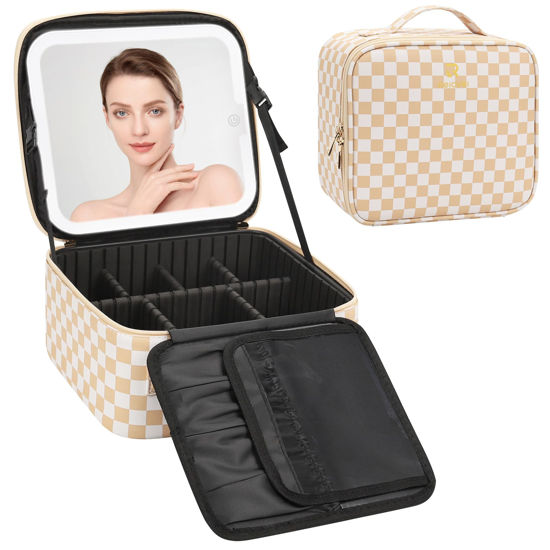 Picture of Relavel Travel Makeup Bag With LED Mirror, Cosmetic Train Case with Light up Mirror, Portable Makeup Artist Organizer Bag with Adjustable Dividers, Makeup Brush Holder Storage, Plaid