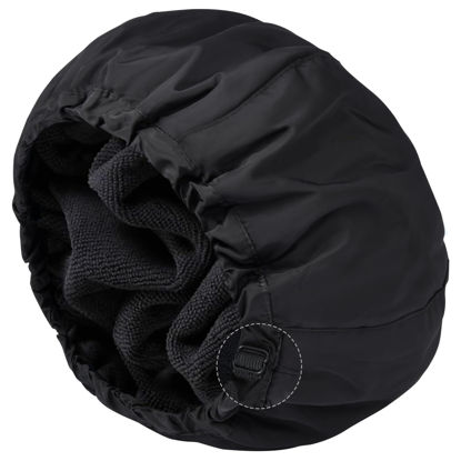 Picture of Shower Cap for Women Black Bath Cap, Reversible Large Waterproof Adjustable Shower Caps Terry Lining & Elastic Band Stretch Hem Hair Hat