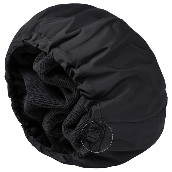 Picture of Shower Cap for Women Black Bath Cap, Reversible Large Waterproof Adjustable Shower Caps Terry Lining & Elastic Band Stretch Hem Hair Hat