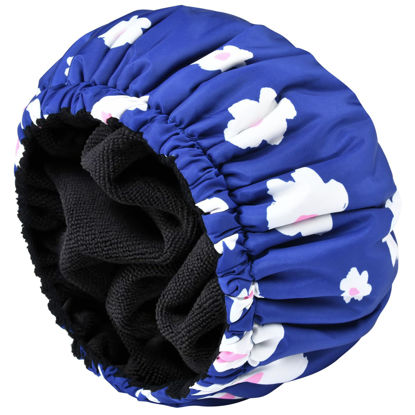 Picture of Shower Cap for Women Terry Lined Bath Cap Large Reusable Waterproof Elastic Band Blue Shower Caps for Long Thick Hair Soft Bath Shower Hair Caps