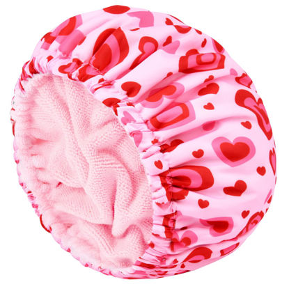 Picture of Shower Cap for Women Terry Lined Bath Cap Large Reusable Waterproof Elastic Band Pink Love Shower Caps for Long Thick Hair Soft Bath Shower Hair Caps