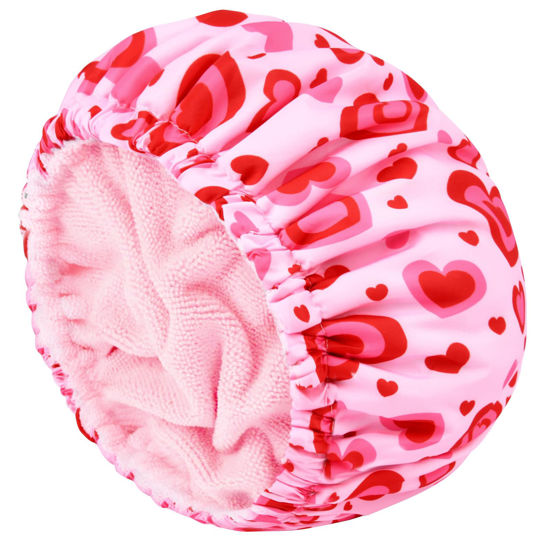 Picture of Shower Cap for Women Terry Lined Bath Cap Large Reusable Waterproof Elastic Band Pink Love Shower Caps for Long Thick Hair Soft Bath Shower Hair Caps