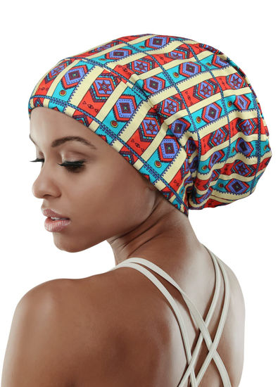 Picture of Casual Slap Cap Cotton Sleep Hats for Frizzy Hair Extra Large Yellow Blue