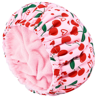 Picture of Shower Cap for Women Terry Lined Bath Cap Large Reusable Waterproof Elastic Band Pink Cherry Shower Caps for Long Thick Hair Soft Bath Shower Hair Caps