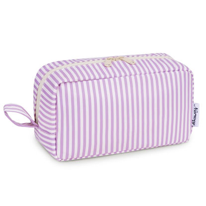 Picture of Narwey Cute Makeup Bag Small Toiletry Bag Travel Cosmetic Bag Organizer Make Up Bags with Organized Pockets for Women (Purple Stripe, Large)