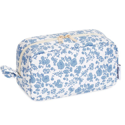 Picture of Narwey Cute Makeup Bag Small Toiletry Bag Travel Cosmetic Bag Organizer Make Up Bags with Organized Pockets for Women (Little Blue Flower, Large)