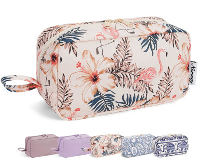 Picture of Narwey Cute Makeup Bag Small Toiletry Bag Travel Cosmetic Bag Organizer Make Up Bags with Organized Pockets for Women (Beige Flamingo, Large)