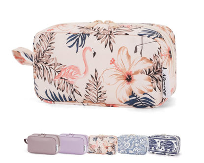 Picture of Narwey Small Makeup Bag for Purse Travel Makeup Pouch Mini Cosmetic Bag Zipper Pouch for Women (Beige Flamingo, Small)
