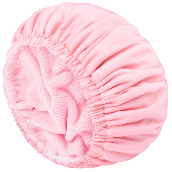 Picture of Pink Shower Cap for Women Terry Lined Bath Cap Large Reusable Waterproof Elastic Band Shower Caps for Long Thick Hair Soft Bath Shower Hair Caps