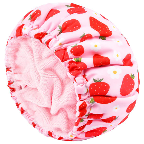 Picture of Shower Cap for Women Terry Lined Bath Cap Large Reusable Waterproof Elastic Band Pink Strawberry Shower Caps for Long Thick Hair Soft Bath Shower Hair Caps