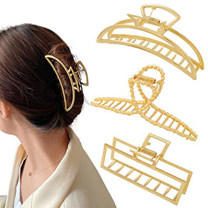 Picture of 3 Pack Large Metal Gold Hair Claws for Women, Moon Cross Square Geometric Jaw Clips Barrettes for Thick Thin Hair, No Slip Claw Clip Clamp Grips Hair Accessories Hair Styling Gifts