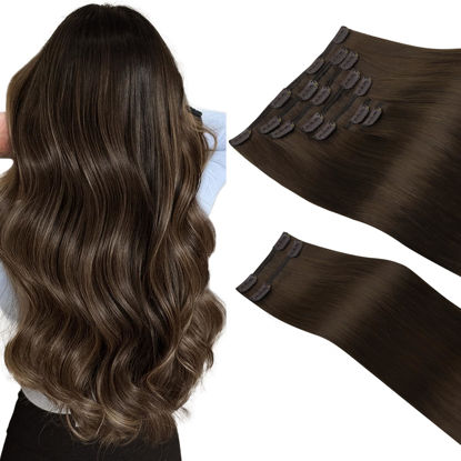 Picture of HOTBANANA Clip in Hair Extensions Real Human Hair 140g 9pcs 22 inch Light Dark Brown Clip in Human Hair Extensions Straight Remy Hair Extensions Full Head