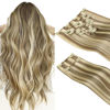 Picture of HOTBANANA Clip in Hair Extensions Real Human Hair 140g 9pcs 16 inch Ash Brown Highlighted Golden Blonde Clip in Human Hair Extensions Straight Remy Hair Extensions Full Head