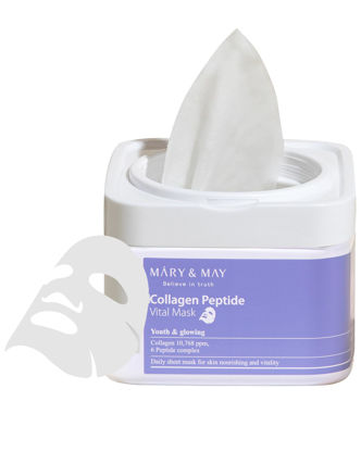 Picture of Mary&May Collagen Peptide Vital Mask - Daily Pull-Out Sheet Mask for Wrinkle Improvement, Firming, and Elasticity with Low Molecular Collagen - Korean Skincare, Hypoallergenic Formula, 30 Sheets