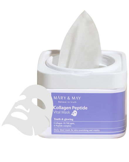 Picture of Mary&May Collagen Peptide Vital Mask - Daily Pull-Out Sheet Mask for Wrinkle Improvement, Firming, and Elasticity with Low Molecular Collagen - Korean Skincare, Hypoallergenic Formula, 30 Sheets