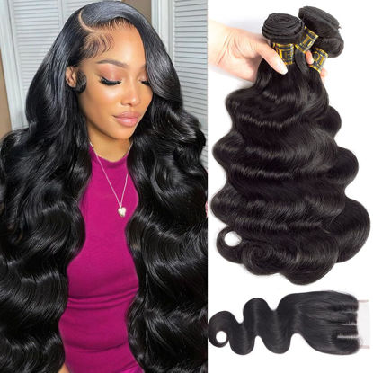 Picture of QTHAIR 16A Brazilian Body Wave Bundles with 3 Part Lace Closure 100% Unprocessed Brazilian Virgin Hair 3 Bundles with 4x4 Closure(18 20 22+16) Human Hair Bundles with Closure