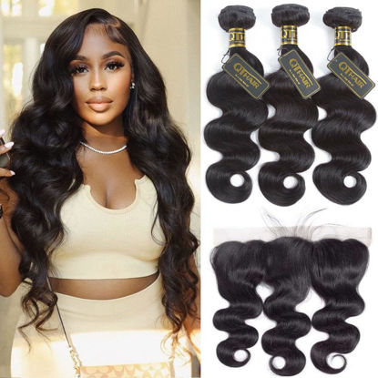 Picture of QTHAIR 14A Grade Brazilian Body Wave Human Hair Bundles with 13x4 Frontal (20 20 22+18) 100% Unprocessed Brazilian Body Wave Virgin Human Hair with 13x4 Ear to Ear Lace Frontal Pre Plucked