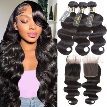 Picture of QTHAIR 16A Grade Brazilian Body Wave Human Hair Bundles with Closure Human Hair Weave with Closure (14" 16" 18" with 12") 100% Unprocessed Brazilian Virgin Hair 4x4 Swiss Lace Closure