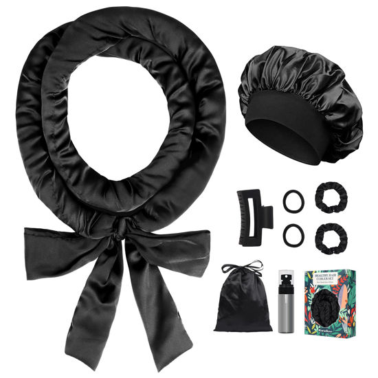 Picture of Gwabee Satin Heatless Curls Overnight Hair Curlers to Sleep In Hair Curler Rollers No Heat Hair Wrap for Curls Headband, 70" Satin Heatless Curling Rod Set for Women Long Waves Hair Volume -Black 9PCS