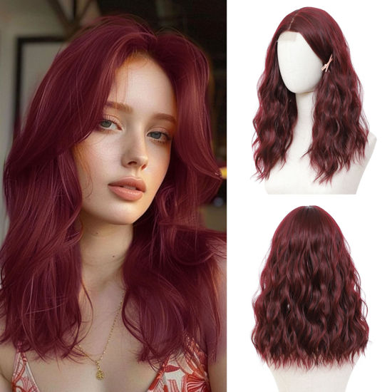 Picture of BUPPLER Burgundy Red Wig 18 Inch Medium Length Wigs for Women Middle Part Synthetic Hair Wavy Wig with Upgraded Strands,Natural Hair Wig for Daily Party/Halloween Use 18Inch,Burgundy Red
