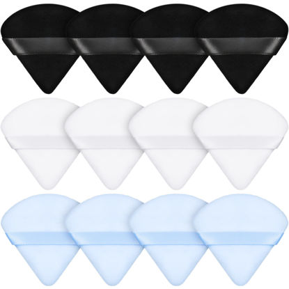 Picture of Maitys 12 Pieces Powder Puff Triangle Face Makeup Cosmetic for Loose Powder Soft Body Washable Reusable Foundation Sponge Mineral Wet Dry Makeup Tool(Black, White, Blue, Small)