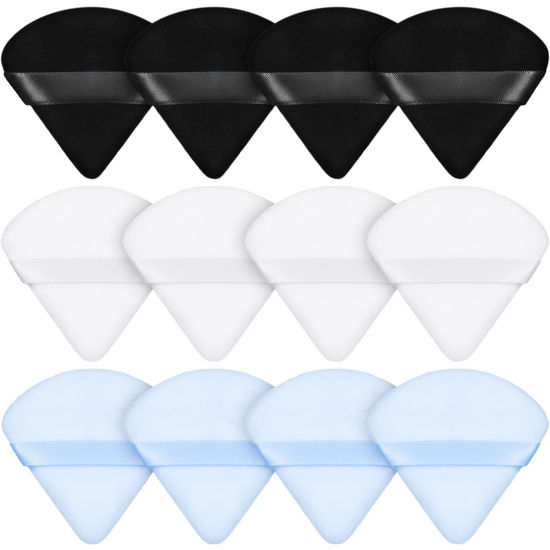 Picture of Maitys 12 Pieces Powder Puff Triangle Face Makeup Cosmetic for Loose Powder Soft Body Washable Reusable Foundation Sponge Mineral Wet Dry Makeup Tool(Black, White, Blue, Small)