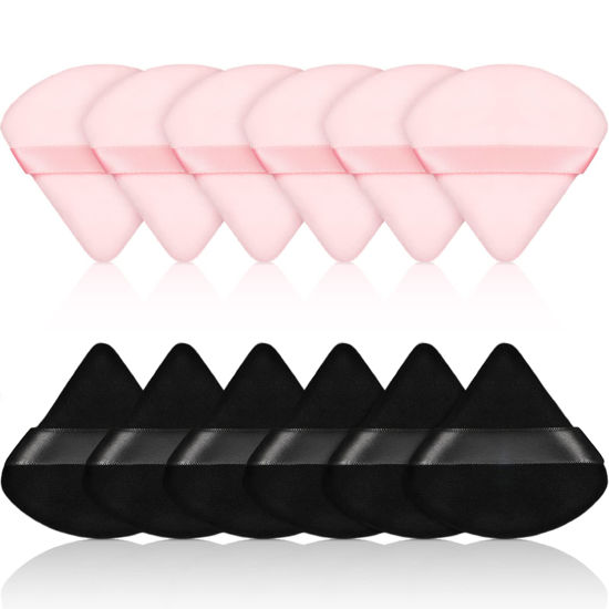 Picture of Maitys 12 Pieces Powder Puff Triangle Face Makeup Cosmetic for Loose Powder Soft Body Washable Reusable Foundation Sponge Mineral Wet Dry Makeup Tool(Black, Pink, Small)