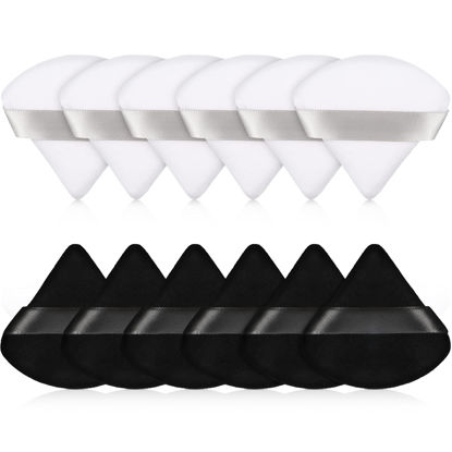 Picture of Maitys 12 Pieces Powder Puff Triangle Face Makeup Cosmetic for Loose Powder Soft Body Washable Reusable Foundation Sponge Mineral Wet Dry Makeup Tool(Black, White, Small)