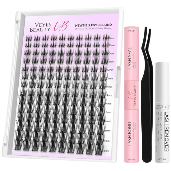 Picture of VEYESBEAUTY Lash Clusters Kit Eyelash Extensions Thin & Invisible Band DIY Individual False Eyelashes Newbie's Five-Second Series Wispy Lash Tray for Self-application, Manga Lash 8-18mm Mixed Length