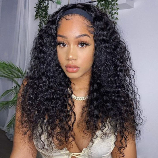Picture of Aiterina Headband Wig for Black Woman 20 inch Brazilian Human Hair Wigs Deep Curly Wave Headband Wig Natural Color