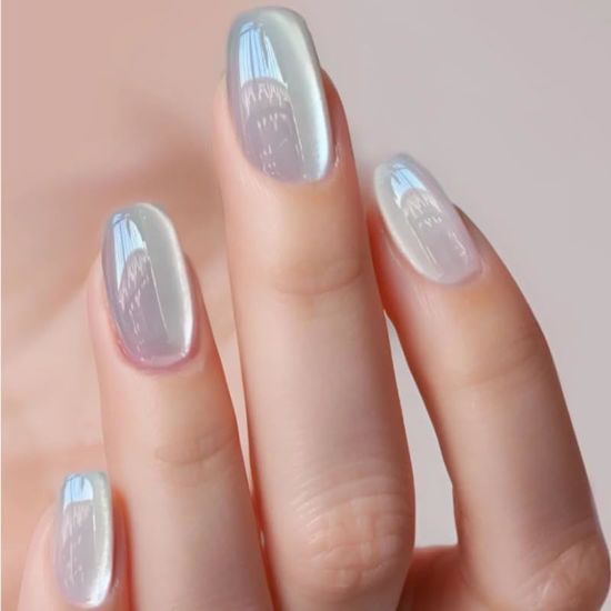 Picture of White Cat Eye Press on Nails Short Fake Nails Glossy Acrylic Nails Shiny Square False Nails Full Cover Glue on Nails Stick on Nails for Squoval Manicure 24Pcs