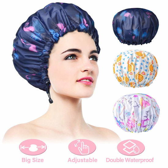 Picture of 3 Pack Extra Large Double Layer Adjustable Shower Caps for Women, Waterproof Exterior & EVA Lining, Oversized Design for All Hair Lengths