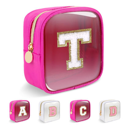 Picture of Personalized Initial Letter Clear Preppy Makeup Bag,Mini Nylon Chenille Letter Cosmetic Bag Cute Zipper Pouch Coin Purse for Teen Girls,Portable TSA Approved Travel Essentials Bag Gift for Women,T