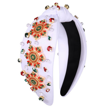 Picture of Christmas Headband for Women Holiday Christmas Accessories Beaded Xmas Bow Tree Snowflake HOHOHO Knotted Headband Red Green Crystal Pearl Top Knot Headband Festive Holiday Gifts (Snowflake 4)