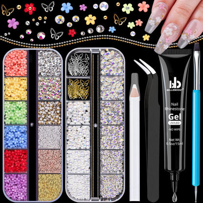 Picture of 3D Nail Charms, Manicure Kit with Nail Rhinestone Glue Gel (UV Curing), Butterfly Colorful Flower Starry AB Gems Caviar Beads Half Round Pearl & Flatback Glass AB + Clear Gems with Dotting Tools