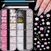 Picture of 3D Nail Charms, Butterfly White Pink Flower Starry AB Gemstones Caviar Beads Half Round Pearl, Flat Back Glass Crystal AB + Transparent Clear Round Rhinestones for Nails with Pickup & Dotting Tools