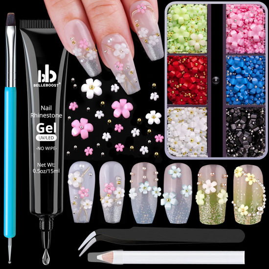 Picture of 3D Flowers, Manicure Kit with Nail Rhinestone Glue Gel, Colorful Acrylic Flower Nail Charms with Caviar Beads, Rhinestones for Nails + Gem Glue for Nails (UV/LED Needed) with Pickup & Dotting Tools