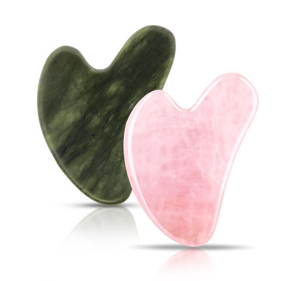 Picture of Contrybox Gua Sha Facial Tools 2 Pack, Guasha Tool for Face & Eye Gua Sha Stone for Puffiness Reducing & Jawline Sculpting Face Stone Gua Sha Tools for Skin Care GuaSha Stone Tool, Pink and Green