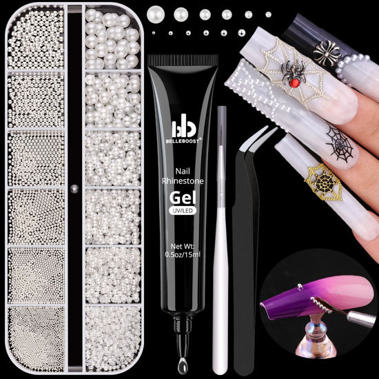 Picture of Flatback Pearls (White) and Metal Nail Beads (Silver) with Rhinestones Glue Gel for Nail Art, Luxurious Pearl Nail Charms and Round Caviar Beads Nail Accessories for Acrylic Nail Tips Manicure Decor