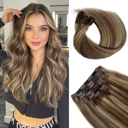 Picture of Blonde Highlight Human Hair Extensions Clip ins 18 Inch Soft Straight Balayage Hair Clip on Extensions 70grams 7pcs Double Weft Brown and Blonde Extensions for Women