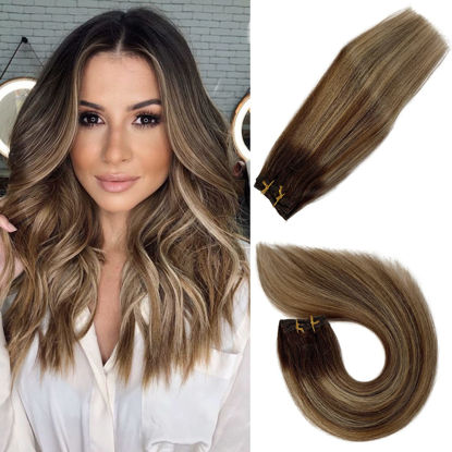 Picture of Clip in Hair Extensions Balayage Brown to Brown and Blonde Remy Hair Extensions Clips on 18 Inch Thick Straight Blonde Highlighted Ombre Brown Clip ins 70grams 7pcs