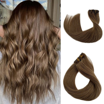 Picture of Human Hair Clip in Hair Extensions Ash Brown Real Hair Clip on Extensions 12 Inch 70g 7pcs Double Weft Thick Straight Clip in Brown Hair Extensions for Women