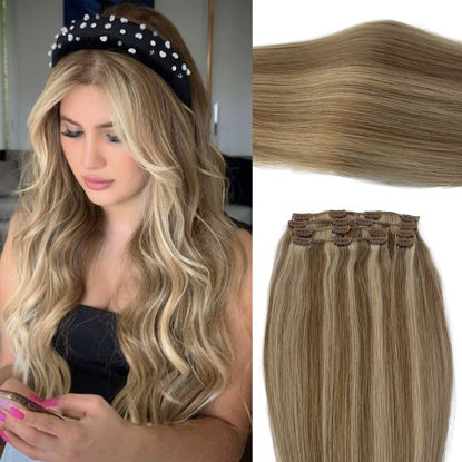 Picture of Hair Extensions Blonde Highlighted Clip in Human Hair Extensions Double Weft Straight Golden Blonde Mixed Light Blonde Remy Hair Extensions Clip on for Highlights 20 Inch 70g 7pcs