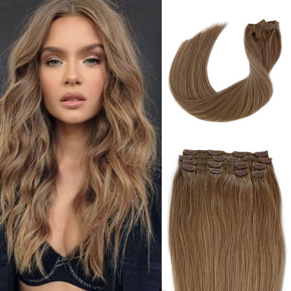 Picture of Licoville Clip in Hair Extensions Real Human Hair Golden Brown Remy Hair Extensions Clip ins Double Weft 15 Inch 70grams 7pcs