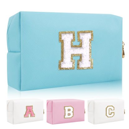 Picture of Personalized Initial Letter Patch Makeup Bag, Preppy Portable Chenille Letter Cosmetic Bag with Zipper, PU Leather Waterproof Travel Toiletry Bag Monogram Make Up Pouch for Women Girls(Letter H)