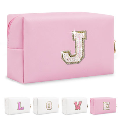 Picture of Small Personalized Initial A-Z Patch Makeup Bag,Pink Cute PU Leather Glitter Letter Cosmetic Bag for Teen Girls,Travel Toiletry Bag with Zipper,Preppy Monogrammed Birthday Gift for Daughter Niece J