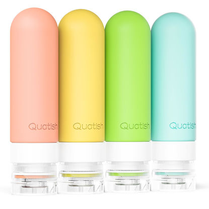 Picture of Quatish Travel Bottles for Toiletries, Original Patented Leak Proof Travel Size Containers, 3 oz Tsa Approved Silicone Shampoo and Conditioner Bottles, 4 Pack, Multi-Color