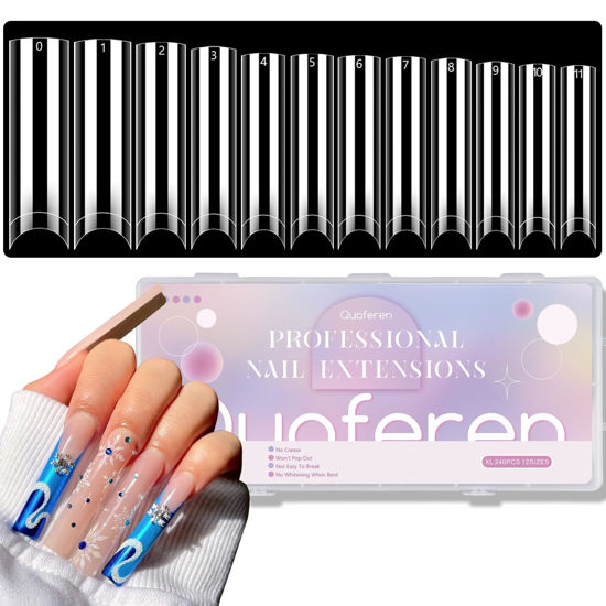 Picture of Quaferen No C Curve Nail Tips, 240Pcs 2XL Extra Long Clear Tapered Square Flat Straight Nail Tips, Half Cover Acrylic Nail Tips Square Fake Nails for Nail Art Salon Home 12 Sizes