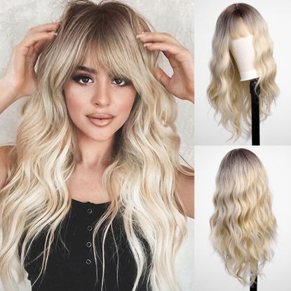 Picture of HAIRCUBE Blonde with Highlight Wig Long Curly Wig with Bangs Brown wig Natural Appearance Heat-Resistant Synthetic Wig Suitable for Fashionable Women